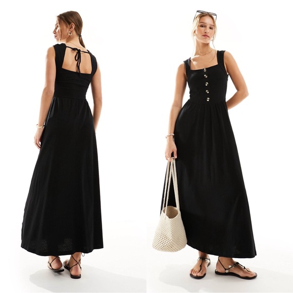 ASOS DESIGN square neck midi sundress with button detail in black - Picture 1 of 5